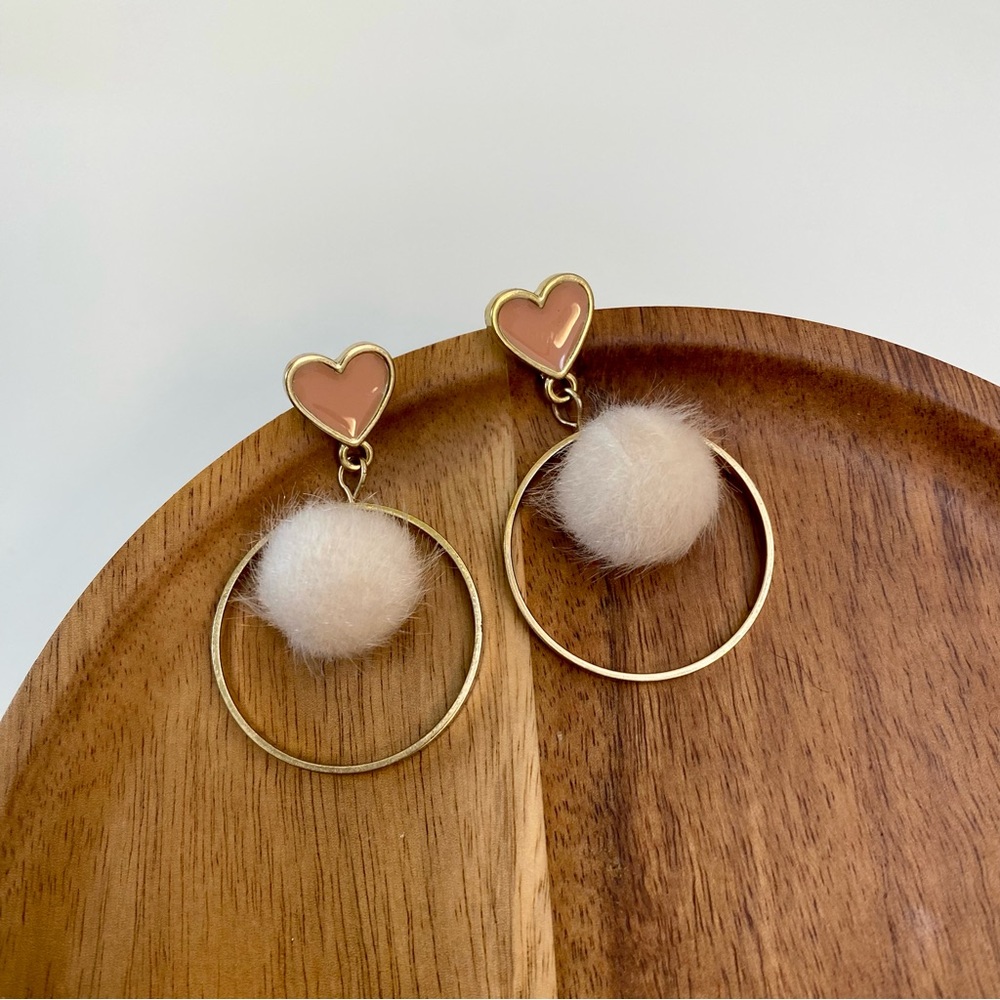 4/$15 Gold Hoops Pink Hearts Enameled Soft Fuzzy Ball Drops Dangling Earrings